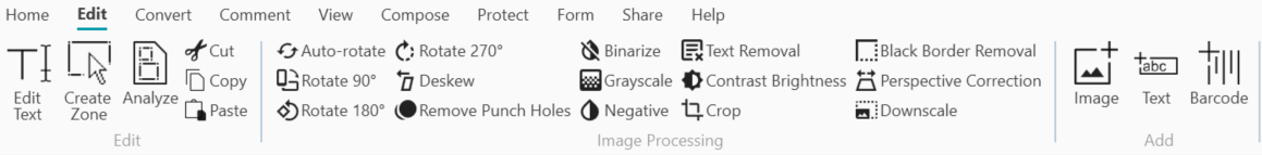 Image processing options in Edit tab